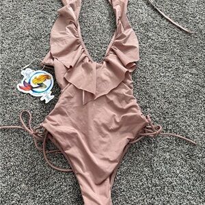 Salty Mermaid Ruffled One Piece Swimsuit with lace up sides & back sz small NWT